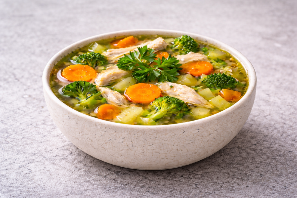 Homemade chicken vegetable soup close-up