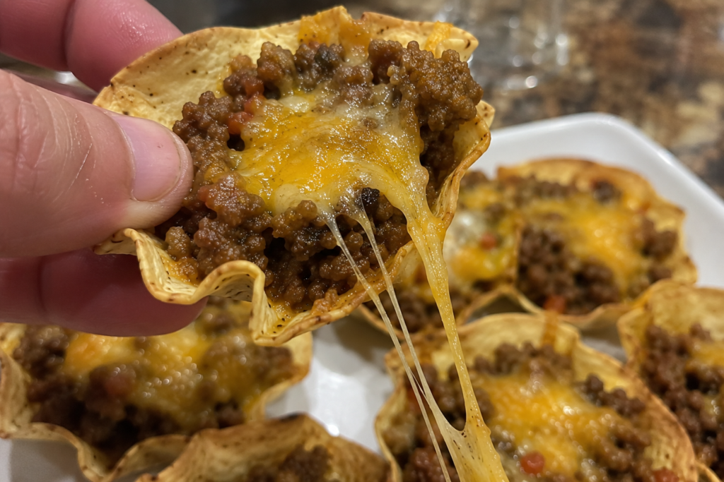 Close up of a gooey melted cheese pull on a crispy bite-sized taco cup appetizer.