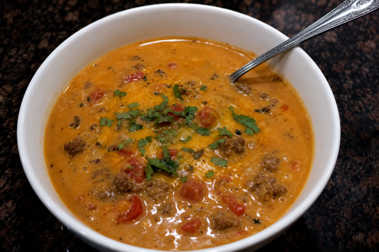 Creamy and cheesy keto taco soup in a bowl garnished with cilantro