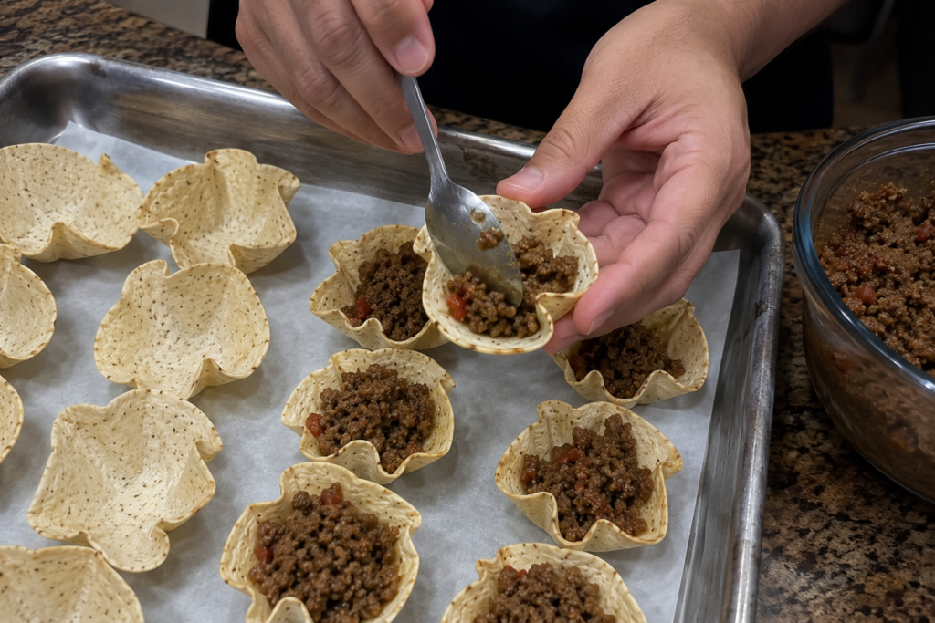 Filling bite-sized crispy corn tortilla cups with seasoned ground beef on a baking sheet
